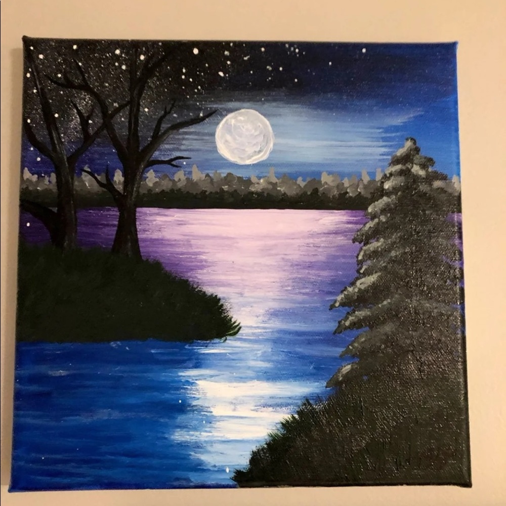 Hand-painted moonlight lake painting 11x11